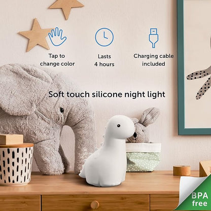 Globe Electric Multicolor LED Silicone Night Light, Brontosaurus Tap Light, Rechargeable, Color Changing, Soft BPA-Free Body, Kids Nursery Décor, 13848