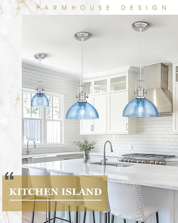 Pendant Lights Kitchen Island, 10.5" Farmhouse Pendant Lighting with Blue Seeded Glass Shade, Vintage Hanging Light Fixtures for Dining Room, Brushed Nickel, AD-22151-1PL-SN-BL