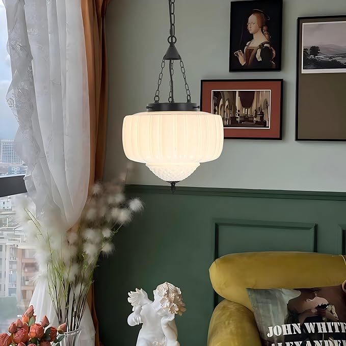 FCTWAKS Milk Glass Pendant Light, 12" Mid Century Modern Schoolhouse Ceiling Light Fixtures, Black Finish with Frosted Glass, Vintage Chandelier for Kitchen Island Dining Room, Bulb Included