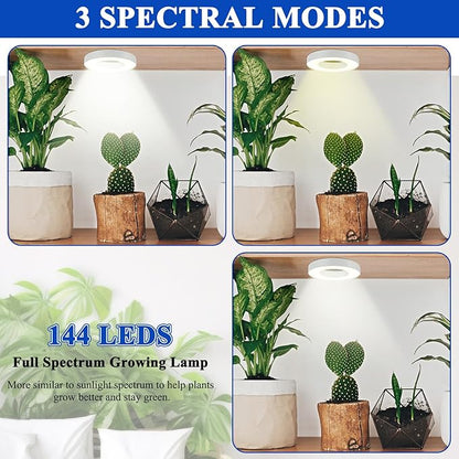 Tujoe 3 Pcs Ceiling Grow Light Self Adhesive Grow Lights for Indoor Plants 144 LED Light with 4/8/12h Auto Switch, 4 Dimmable Brightness Sun Lamp for Plants Full Spectrum Plant Growing Lamps