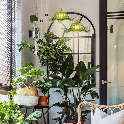 Plug in Pendant Light Vintage, Adjustable Pulley Hanging Lamp with Green Lily Glass Shade, Brass Hanging Lights with Plug in Cord for Bedroom Kitchen, Compatible with Indoor Plant Grow Light Bulbs