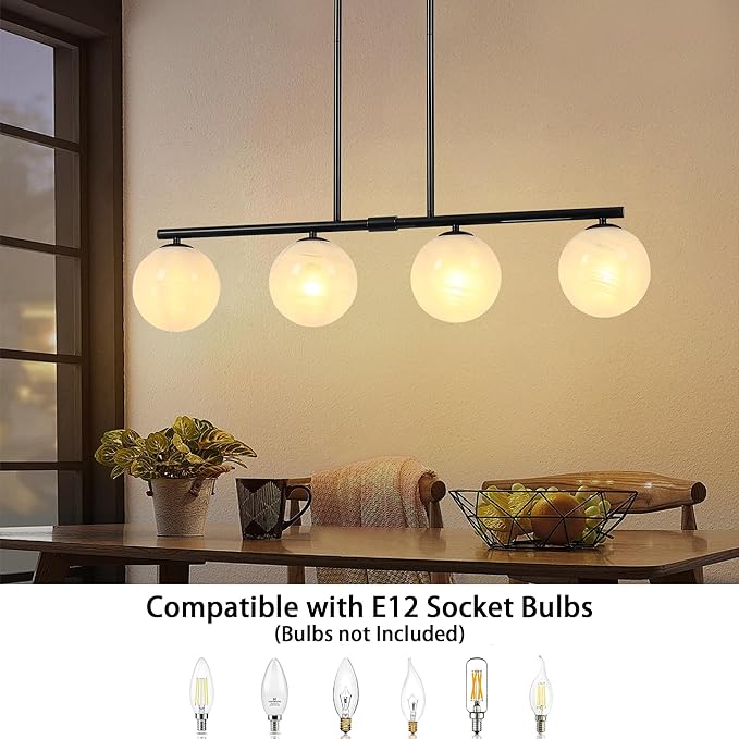 Mid Century Globe Sputnik Chandelier Black Island Light Linear Chandelier Milky Art Glass Shade Globe Pendant Light Fixture for Bedroom Living Room Hallway Dining Room Kitchen T720604L-BK