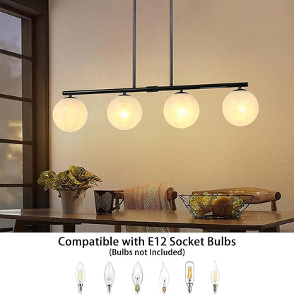 Mid Century Globe Sputnik Chandelier Black Island Light Linear Chandelier Milky Art Glass Shade Globe Pendant Light Fixture for Bedroom Living Room Hallway Dining Room Kitchen T720604L-BK