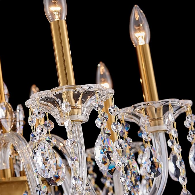 8-Light Crystal Candle Chandelier, Brass Gold Chandelier for Dining Room, Entryway & Living Room, Adjustable Height, E12 Base