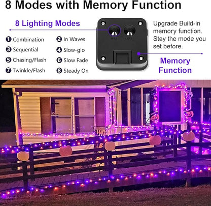 Halloween Decorations Outdoor Lights, Solar String Lights Purple Orange IP67 Waterproof 2 Pack Total 200 LED 66FT 8 Modes Fairy Lights, Outside Fall Decor for Tree, Garden, Patio, Fence, Lawn