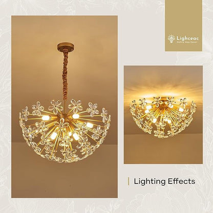 24" Modern Gold Crystal Sputnik Chandelier for Dining Living Room Glam Luxury Petal Semicircle Chandelier 8-Light for Foyer Hallway Elegant Pendant Ceiling Light Fixtures for Kitchen Bedroom
