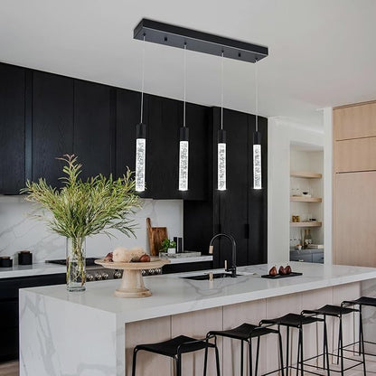 4 Light Pendant Lights Kitchen Island, Modern Matte Black Crystal Pendants with Dimmable 3000K-6000K LED Ceiling Hanging Light Fixture for Dining Room Bedroom, Adjustable Height 59"