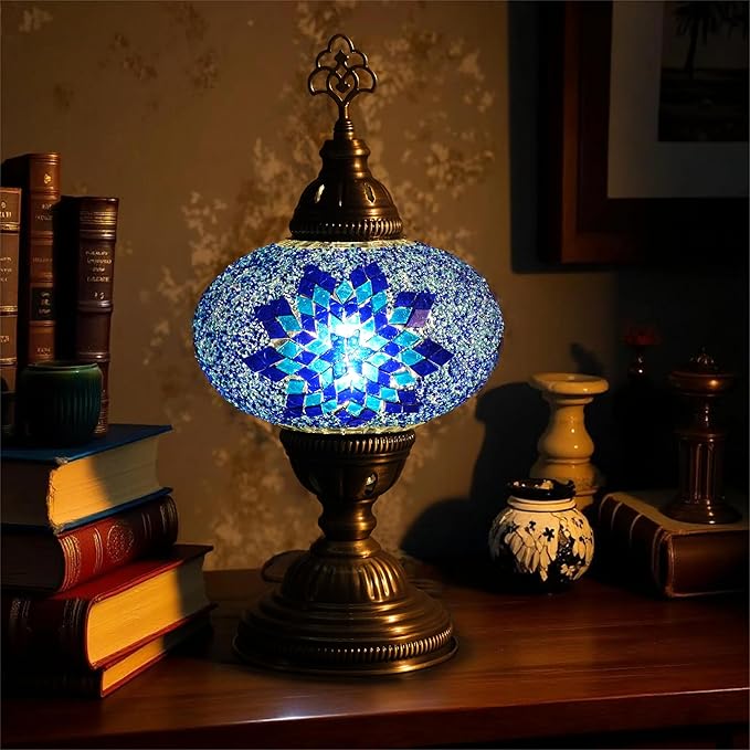 Turkish Lamp, Mosaic Table Lamp, Antique Moroccan Decorative Glass Bohemian Vintage Lamp Shade, Small Desk Tiffany Bedside Stained Glass Lamp with US Plug and E12 Socket