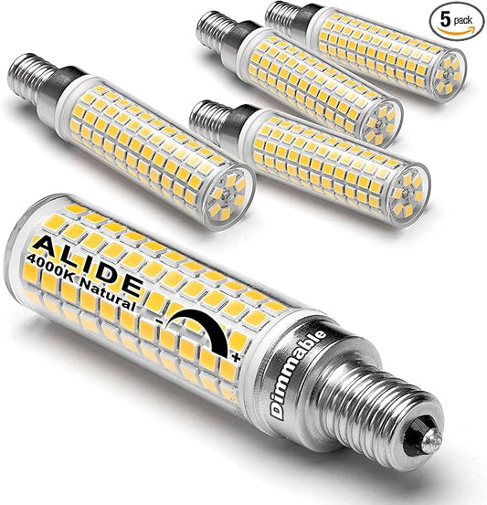 ALIDE E12 100W Dimmable Candelabra LED Light Bulbs Equivalent, Natural White 4000K,1000 Lumen C7 T6 Dimmable E12 10W LED Chandelier Bulbs for Ceiling Fan Pendant Salt Lamp,5 Pack