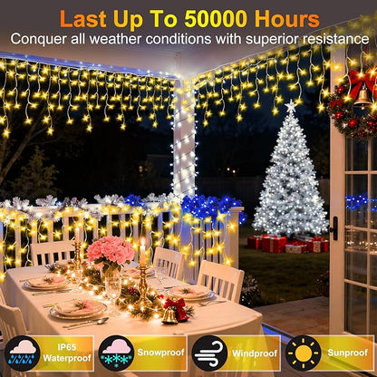 810LED 82ft Christmas Lights, 180Drops 12 Modes Warm White Christmas String Lights Outdoor Dimmable, Waterproof Christmas Decoration Fairy Lights with Timer for Indoor Eaves Party Patio Window Fence
