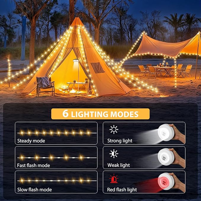 Camping String Lights, 4 in 1 Quick Storage Camping Essentials Gear 32.8FT Rechargeable Tent Lights with 6 Modes Hanging Waterproof LED Camp Lamp for Camping Hiking Patio Garden Festival-Warm White