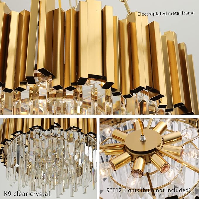 Modern Crystal Lighting 9 Lights Gold Chandelier Light Fixture Dining Room Chandeliers Living Room Bedroom Foyer Hallway Contemporary Chandelier with Light W22in