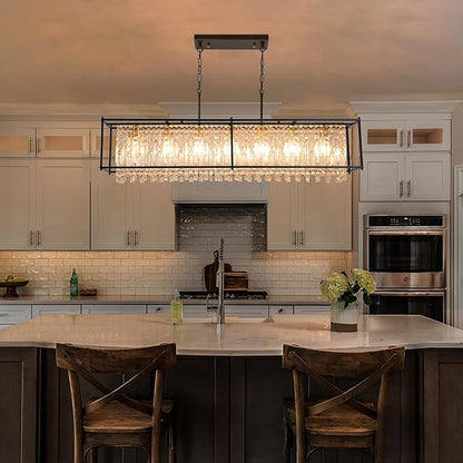 Modern Black Crystal Chandeliers For Dining Room, 50" Large Rectangle Water Ripple Glass Pendant Elegant Linear Lighting for Kitchen Island Dining Room LivingRoom Flat Inclined Ceiling,L50 x W11 x H19