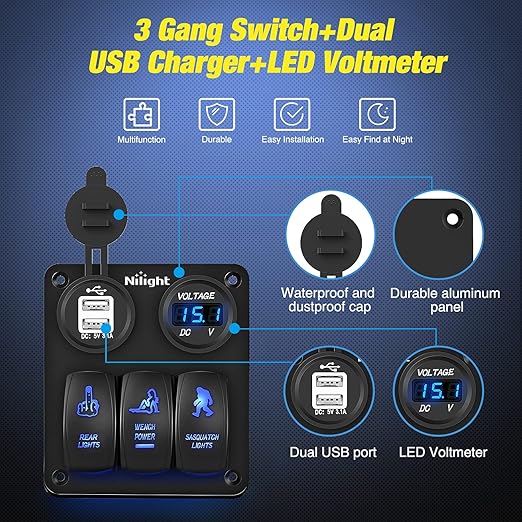 Nilight 3 Gang Rocker Switch Panel USB Charger LED Voltmeter Sasquatch Lights Wench Power Rear On Off Aluminum Waterproof Toggle for 12V Cars Trucks Boats