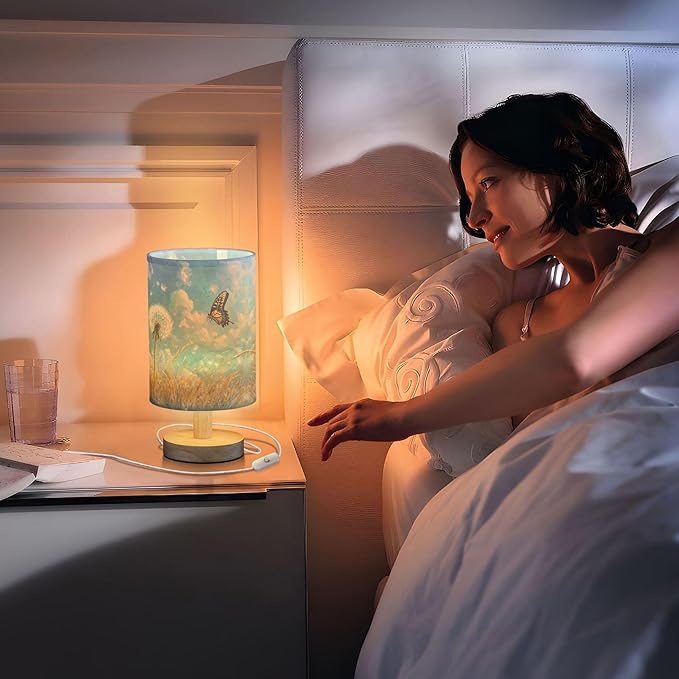 Table Lamp Dandelion Field Butterfly Nature Blue Sky Nightstand Lamp with Wood Base Fabric Lamp Shade Bedside Desk Lamp for Living Room Bedroom Kids Room Office
