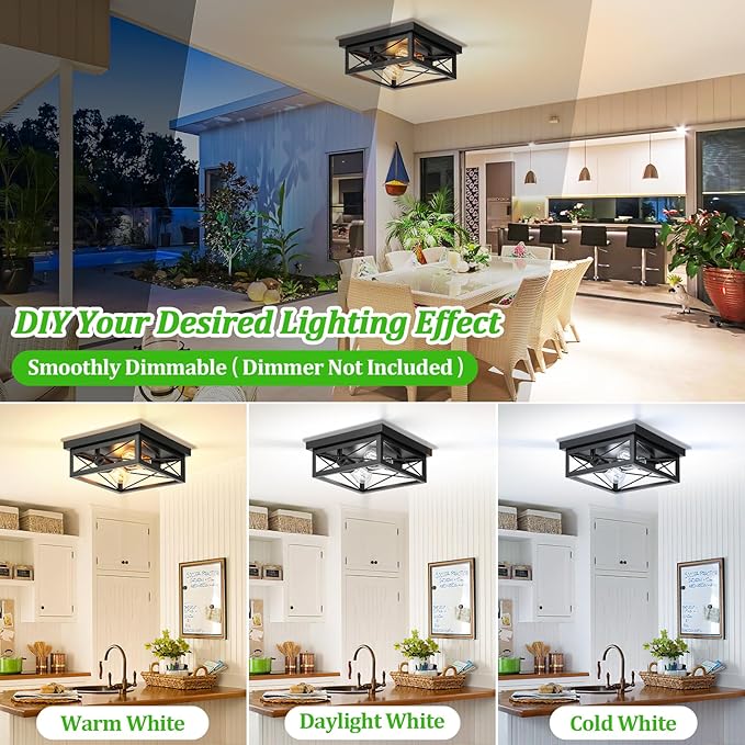 Kondras 2-Light Industrial Square Flush Mount Ceiling Light, Farmhouse Ceiling Light Fixture for Kitchen, Modern Black Close to Ceiling Light for Hallway Bedroom Balcony Porch Stairway, E26, 2-Pack