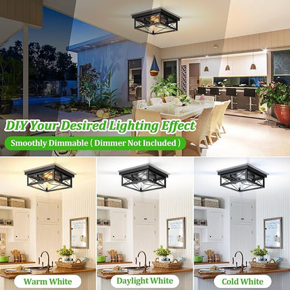 Kondras 2-Light Farmhouse Ceiling Light Fixture, Industrial Square Flush Mount Ceiling Light, Modern Black Metal Hallway Ceiling Lighting Fixture for Kitchen Entryway Living Room Bathroom Porch