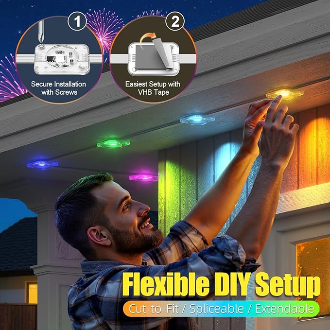 Permanent Outdoor Lights, 150ft RGB+IC Smart LED Eaves Lights, IP67 Waterproof Outdoor Lighting with App/Remote Control for Daily, Christmas, New Year, Halloween, Holiday, Party, Valentine's Day