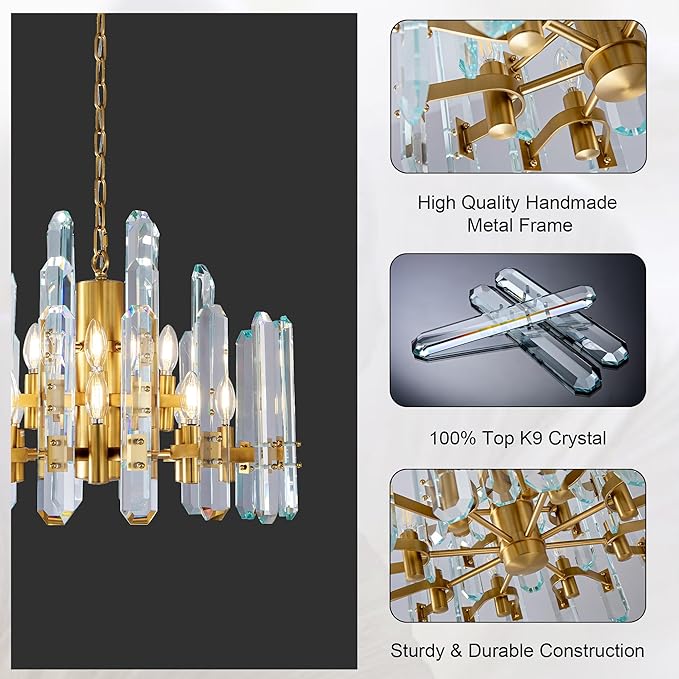 24" Modern Gold Crystal Chandelier, 12-Light Luxury Round Chandeliers for Dining Room, Living Room, Bedroom, Foyer, Entryway, Kitchen, Contemporary K9 Crystal Adjustable Chain Chandelier Light Fixture