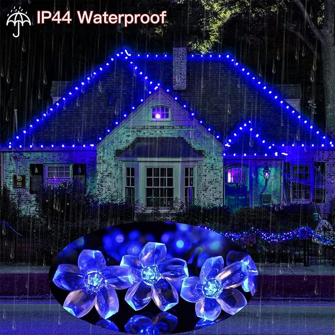 Blue Flower String Lights Indoor Outdoor Decorations, 33ft Connectable Clear Wire 100 LED Cherry Blossom Fairy Light with 8Mode & Memory for Christmas Easter Birthday Wedding Party Bedroom Décor