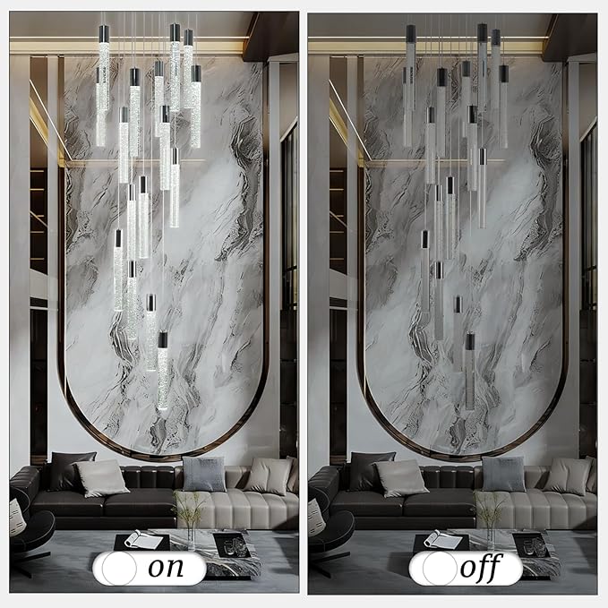 16-Light Chrome Bubble Crystal Chandelier Cool White Spiral Staircase Pendant for High Ceilings Sloped Ceiling Compatible Canopy Adjustable Hanging Height Grand Foyer Entryway