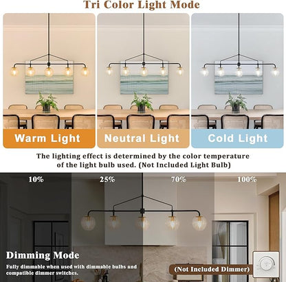 Linear Chandelier for Dining Room 39 Inch Kitchen Island Chandelier Black and Gold Modern 5 Lights Seeded Glass Globe Linear Pendant Light for Farmhouse, Living Room
