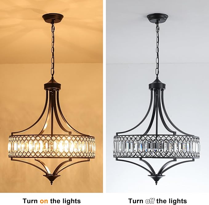 20" Black Crystal Chandeliers for Dining Room, 5-Light Modern Farmhouse Round Crystal Chandelier Light Fixture, Adjustable Height Hanging Pendant Lights Living Room Bedroom Kitchen Island Entryway