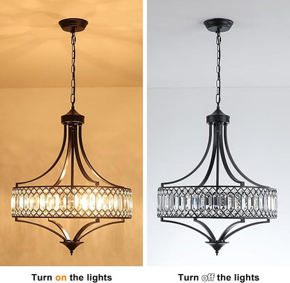 20" Black Crystal Chandeliers for Dining Room, 5-Light Modern Farmhouse Round Crystal Chandelier Light Fixture, Adjustable Height Hanging Pendant Lights Living Room Bedroom Kitchen Island Entryway
