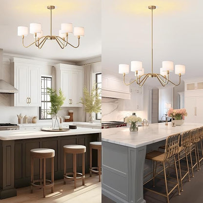 Modern Gold 6-Lights Chandelier, 39" Pendant Light with White Fabric Shade Adjustable Classic Chandelier Light Fixtures for Kitchen Island Dining & Living Room Entryway