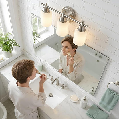 3-Light Bathroom Vanity Light Fixture, Brushed Nickel Compact Vanity Light with White Frosted Glass Shades for Mirror, Bathroom, Living Room, Modern Style, E26 Base, 16 Inch