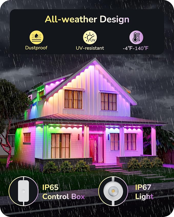 EDISHINE 60ft Permanent Outdoor Lights, 40 RGBW LED House Lights Outdoor with App/Remote Control, 50 Scene Modes for Daily and Accent Lighting, IP67 Waterproof Smart Outdoor Lights