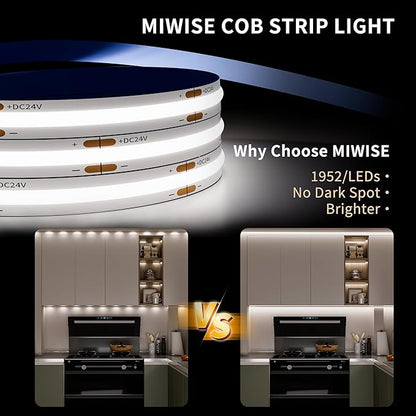 MIWISE COB LED Strip Light 20ft/6.1m,CRI 90+ Daylight White 6000K High Lumen Dimmable Super Bright Flexible DC24V LED Tape Light with Controller/Dimmer,for Cabinet Home Office DIY Lighting Projects