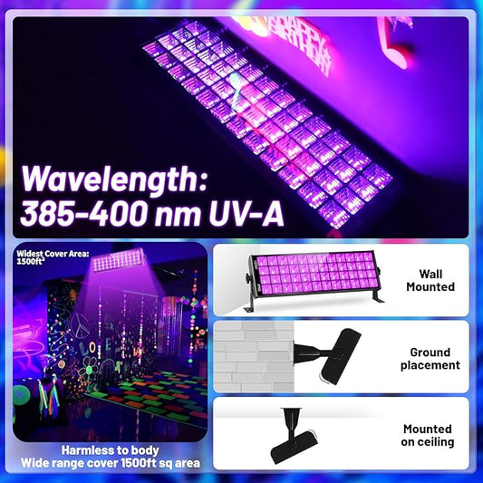120W Waterproof LED Black Lights, YQNLIFA 2 Pack 10Ft Cable Black Light Bar with Plug & Switch, IP66 Indoor/Outdoor Blacklight for Neon Glow Party, Body Paint, Fluorescent Reactive, Back Yard, Stage