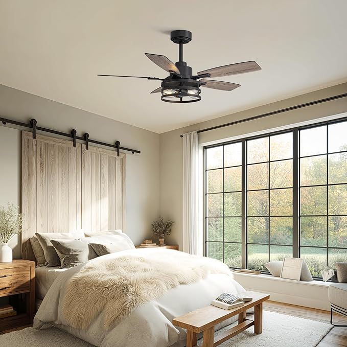 42 Inch Ceiling Fans with Lights and Remote Control, Farmhouse Ceiling Fan with LED Lighting for Bedroom Living Room and Patio, Black Caged Ceiling Fan for Indoor and Outdoor(NO Bulbs)