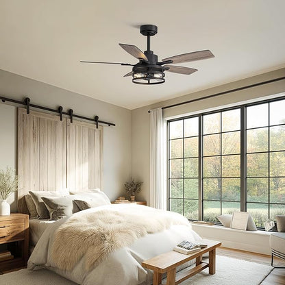 42 Inch Ceiling Fans with Lights and Remote Control, Farmhouse Ceiling Fan with LED Lighting for Bedroom Living Room and Patio, Black Caged Ceiling Fan for Indoor and Outdoor(NO Bulbs)