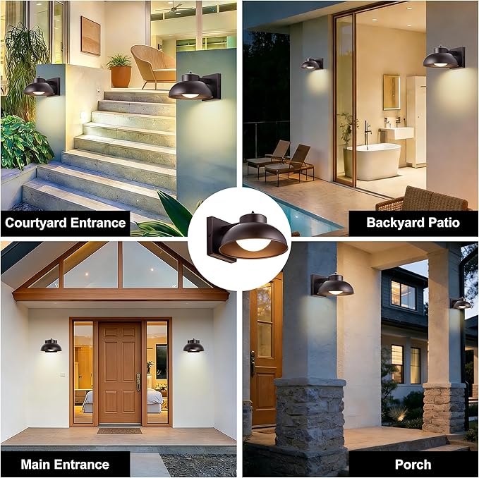 LED Outdoor Wall Lights, 2 Pack Dusk to Dawn LED Porch Light 12W Integrated 3000K Farmhouse Barn Lights Outdoor Metal Brown Hardwired for Porches, Garages, Patios, Sheds, Driveways, Walkways