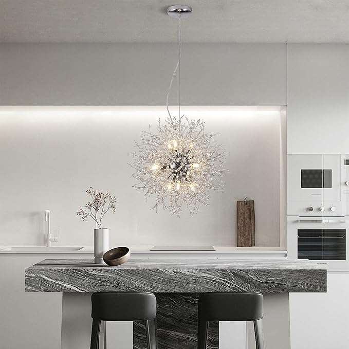 Firework Crystal Chandeliers, 9-Light Stainless Steel Dandelion Chandelier Chrome, 19.6" Modern Sputnik Pendant Lighting for Bedroom Dining Room