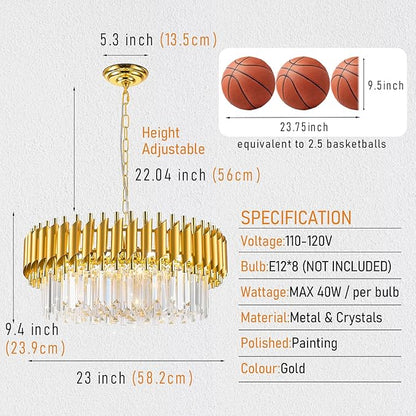 24" Gold Crystal Chandeliers for Dining Room Contemporary Round Ceiling Pendant Light Fixtures 5-Tier 8 Lights K9 Crystal Large Flush Mount Chandelier for Foyer Living Room Staircase