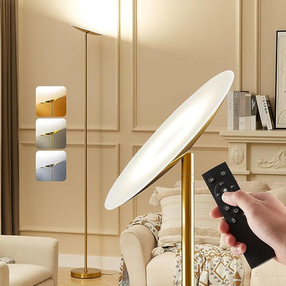LED Torchiere Floor Lamp, 3200LM, 71" Tall Modern Torchiere Lamp in Golden Brass, Stepless Dimming, Remote & Touch Control, Super Bright Light for Living Room and Bedroom, Heavy Stable Base