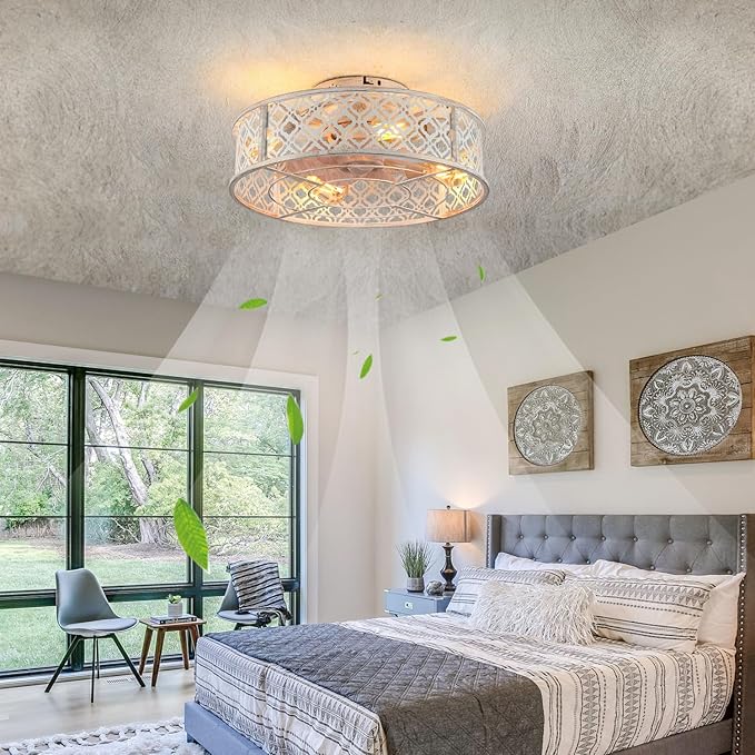 20" Caged Ceiling Fans with Lights Flush Mount Ceiling Fan with Remote,Small Black Low Profile Bladeless Ceiling Fan Light Fixture for Bedroom, Kitchen, Dining Room 4 bulbs Included,6 Speeds