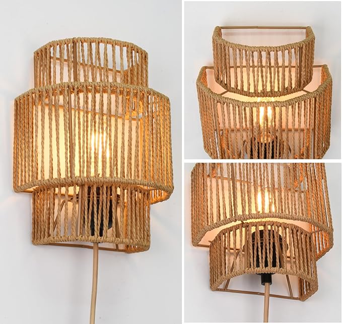 Plug-in Wall Sconces Set of 2, Handwoven Bohemian Wall Decor with Switch, Wall Lights Fixtures for Bedroom Living Room Hallway Porch
