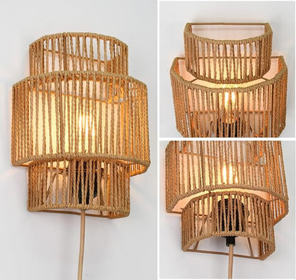 Plug-in Wall Sconces Set of 2, Handwoven Bohemian Wall Decor with Switch, Wall Lights Fixtures for Bedroom Living Room Hallway Porch