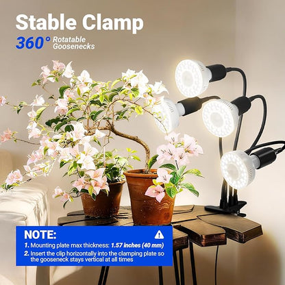 Barrina Orbgrow OG11A4 Clip On Grow Lights for Indoor Plants, Integrated Stepless Dimming & Timing, 4000K 44W(4 x 11W, 400 Watt Equiv), Full Spectrum 4-Gooseneck with E26 Plant Light Bulbs