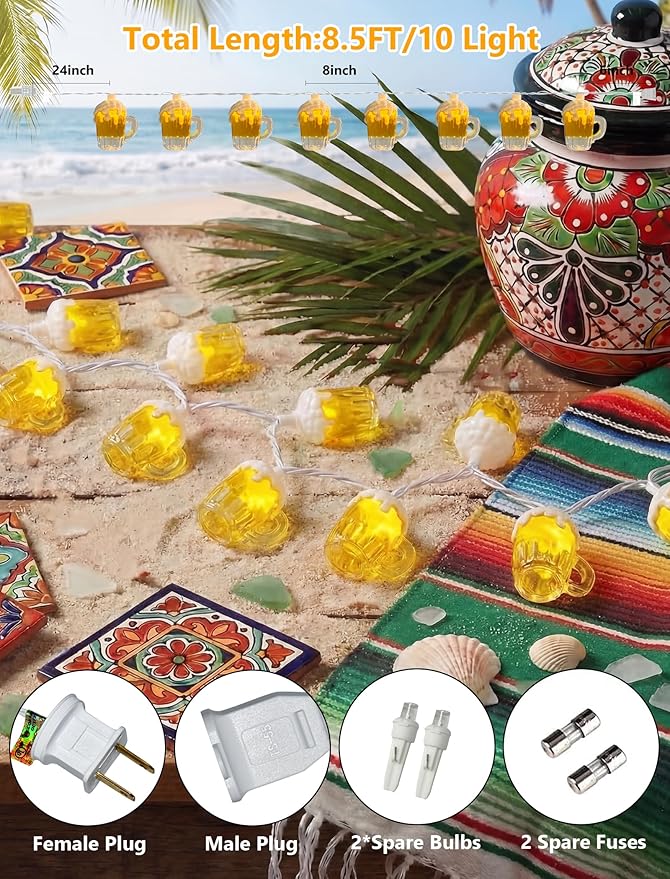 Beer Mug Outdoor String Lights, Hawaiian Decor Lights, 8.5Ft LED Tropical Beach Camping String Lights Plug in with 10 3D Beer Cup Bulbs, Summer Decor for Tent Holiday Party Garden Cinco de Mayo