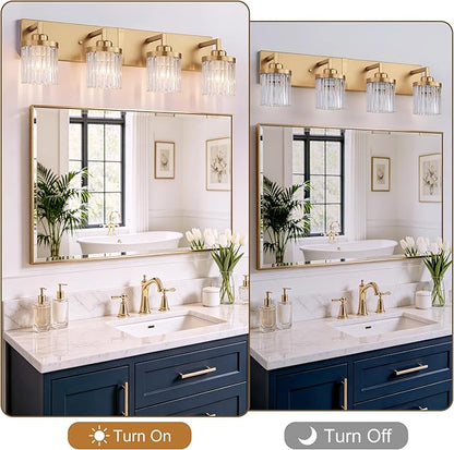 Modern Crystal Bathroom Light Fixtures, 4 Light Gold Vanity Lights, with Crystal Glass Shade, Industrial Bathroom Lighting Fixtures Over Mirror Wall Light for Bedroom Living Room