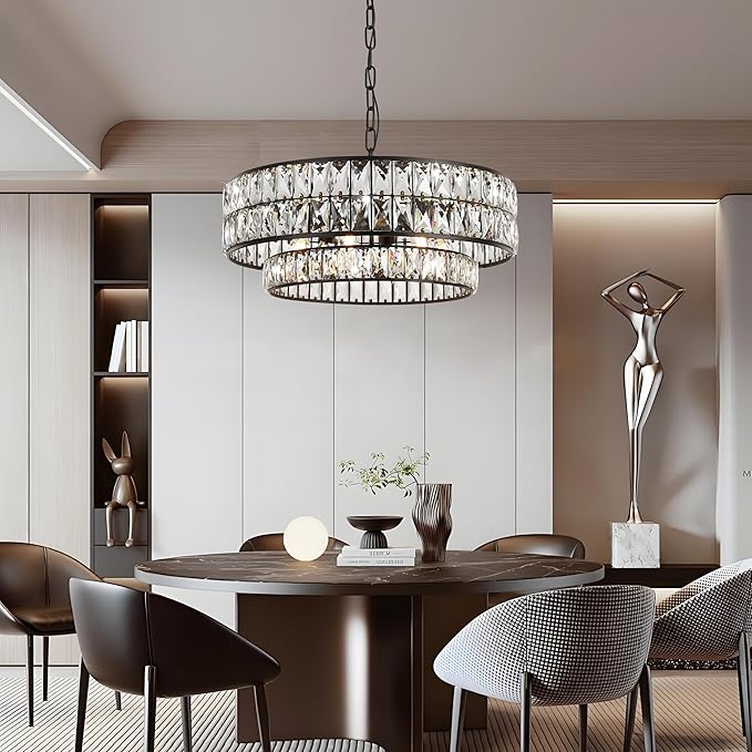 Black Crystal Chandelier 6-Light, 20 Inch Drum Semi-Flush Mount Pendant Light, Modern Ceiling Fixture for Dining Room, Foyer, Bedroom