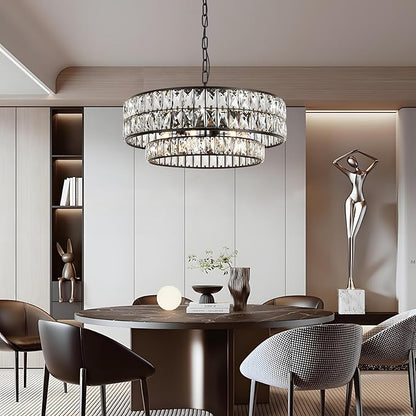 Black Crystal Chandelier 6-Light, 20 Inch Drum Semi-Flush Mount Pendant Light, Modern Ceiling Fixture for Dining Room, Foyer, Bedroom