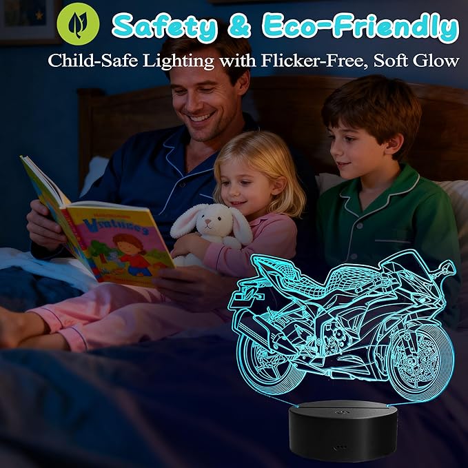 Motorcycle Night Light, Motorcycle Gifts, 3D Illusion Lamp with Remote Control, 16 RGB Colors, 4 Flashing Modes, Timer, Dimmable, Motorcycle Stuff for Decor for Holiday Birthday Christmas
