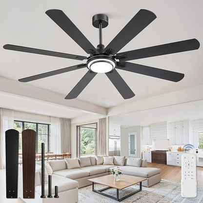 Fanbulous 72 Inch Ceiling Fans with Lights and Remote, Black Ceiling Fan with 8 Dual-Color Blades, Indoor/Outdoor Large Ceiling Fans, Reversible DC Motor, 6-Speed, 3CCT for Living Room Kitchen Patio