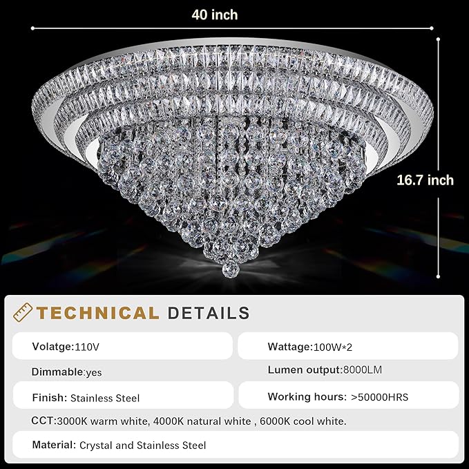 Miuyhji 40“ Elegant LED Crystal Raindrop Ceiling Light, Flush Mount Chandelier Light Fixture with Remote Control for Living Room Kitchen Island Bedroom Hallway Entryway Foyer(Dimmable)